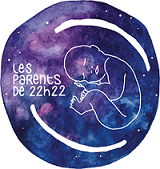 Logo des parents de 22h22. il représente un bébé en position foetale entouré par deux parenthèses comme des mains de parents protecteur et enveloppant pret à tisser une relation de confiance, d'amour et de respect